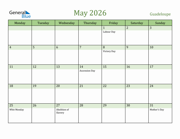 May 2026 Calendar with Guadeloupe Holidays