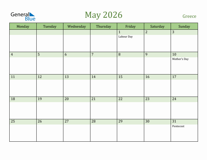 May 2026 Calendar with Greece Holidays
