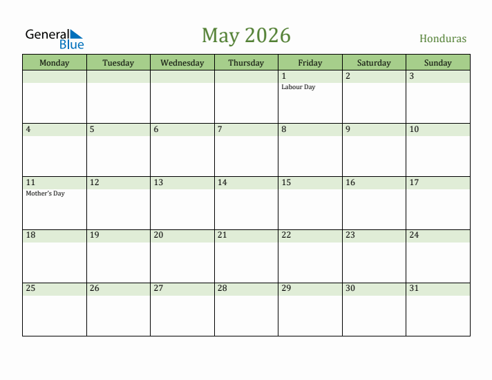 May 2026 Calendar with Honduras Holidays