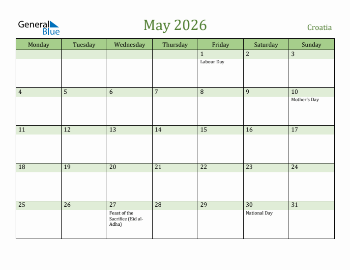May 2026 Calendar with Croatia Holidays