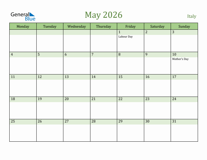 May 2026 Calendar with Italy Holidays