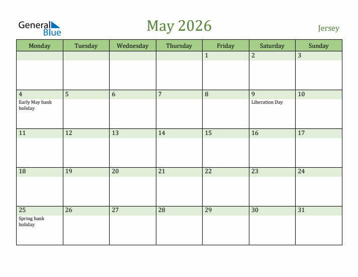 May 2026 Calendar with Jersey Holidays