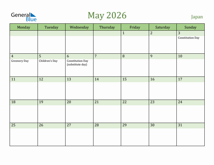May 2026 Calendar with Japan Holidays