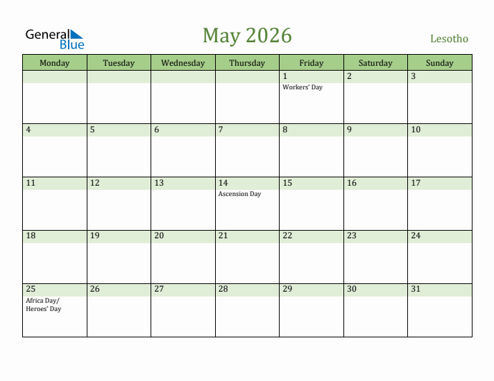 May 2026 Calendar with Lesotho Holidays