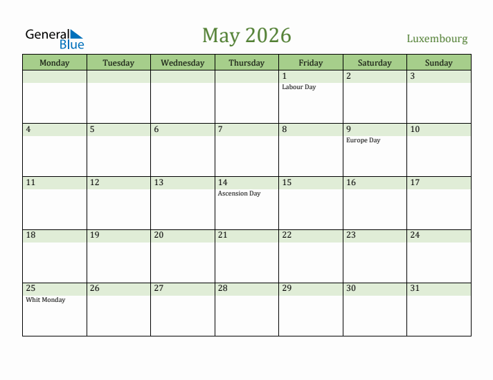 May 2026 Calendar with Luxembourg Holidays