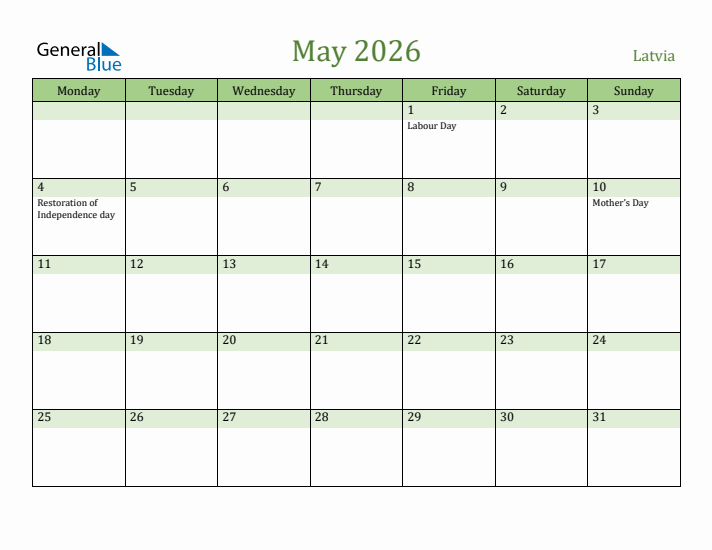 May 2026 Calendar with Latvia Holidays