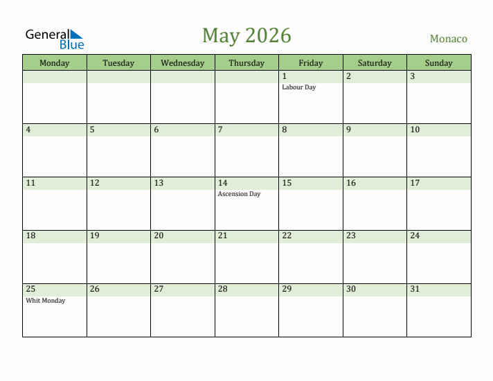 May 2026 Calendar with Monaco Holidays