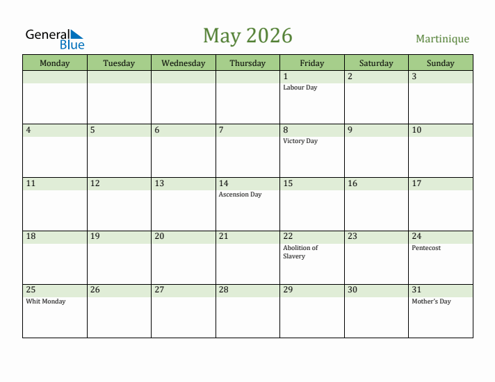 May 2026 Calendar with Martinique Holidays