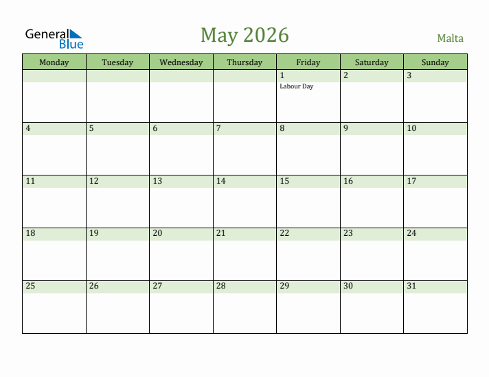 May 2026 Calendar with Malta Holidays