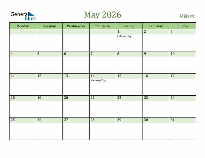 May 2026 Calendar with Malawi Holidays