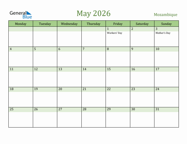 May 2026 Calendar with Mozambique Holidays