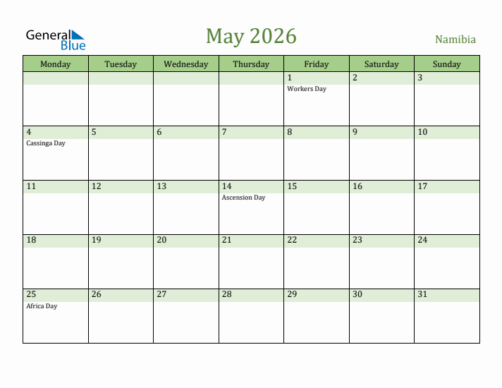 May 2026 Calendar with Namibia Holidays