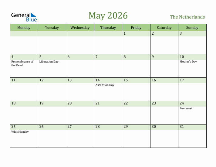 May 2026 Calendar with The Netherlands Holidays