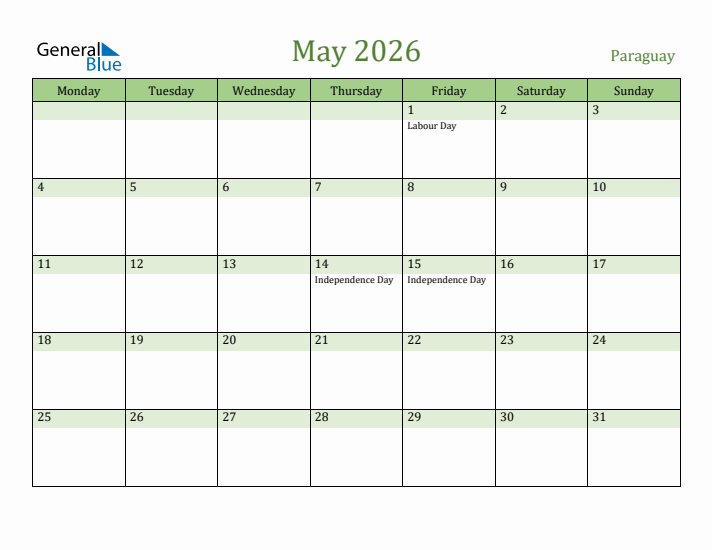 May 2026 Calendar with Paraguay Holidays