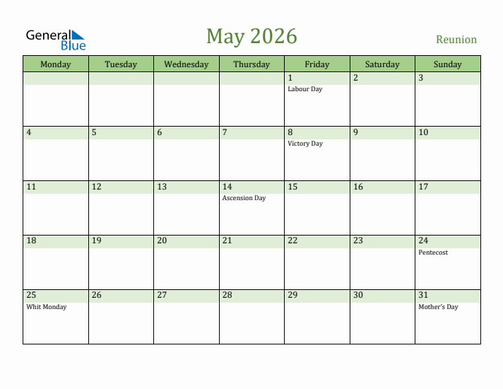 May 2026 Calendar with Reunion Holidays