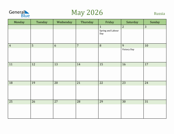 May 2026 Calendar with Russia Holidays