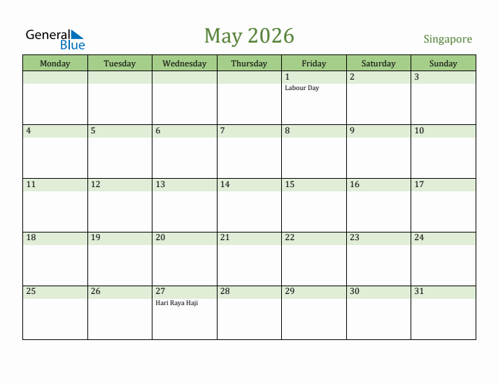 May 2026 Calendar with Singapore Holidays