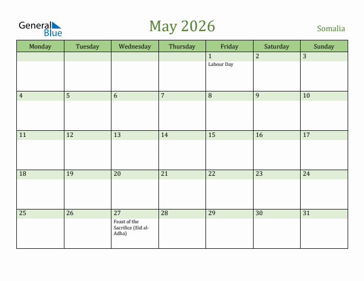 May 2026 Calendar with Somalia Holidays