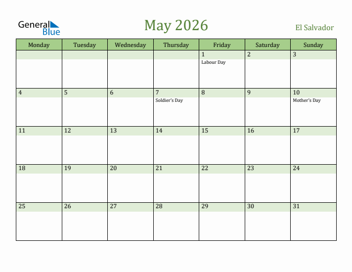 May 2026 Calendar with El Salvador Holidays