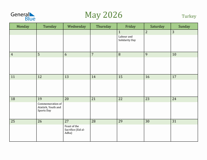 May 2026 Calendar with Turkey Holidays