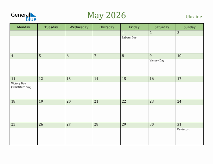 May 2026 Calendar with Ukraine Holidays