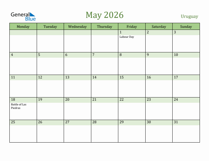 May 2026 Calendar with Uruguay Holidays