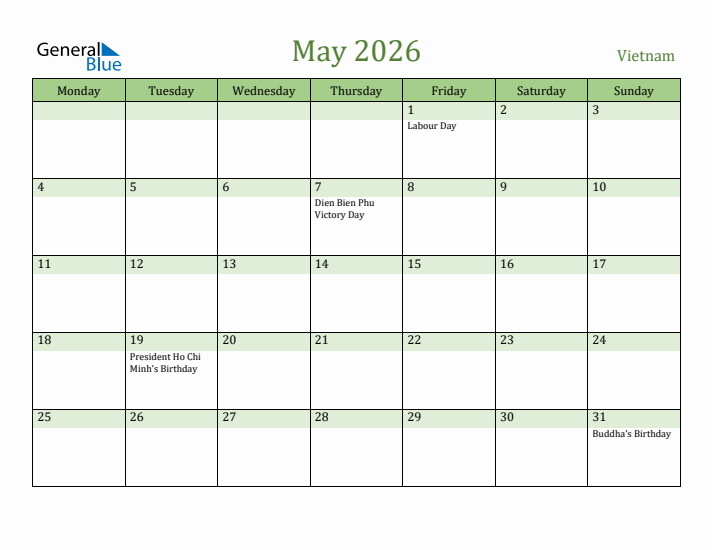 May 2026 Calendar with Vietnam Holidays