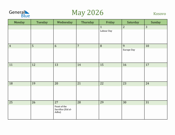 May 2026 Calendar with Kosovo Holidays
