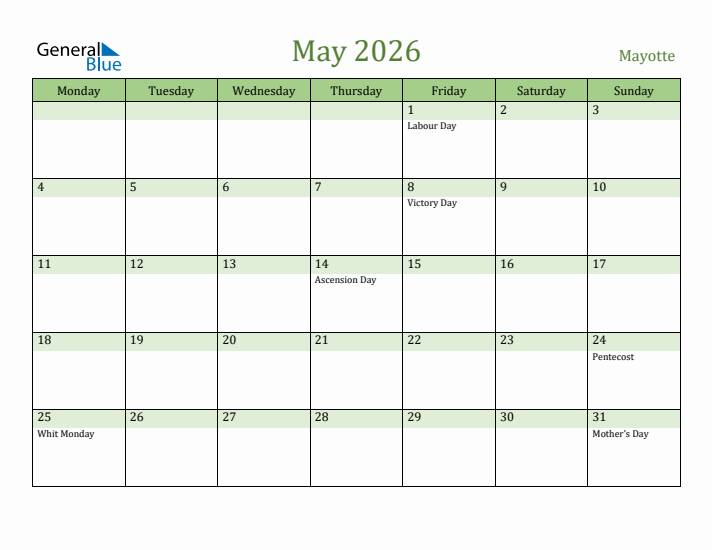 May 2026 Calendar with Mayotte Holidays