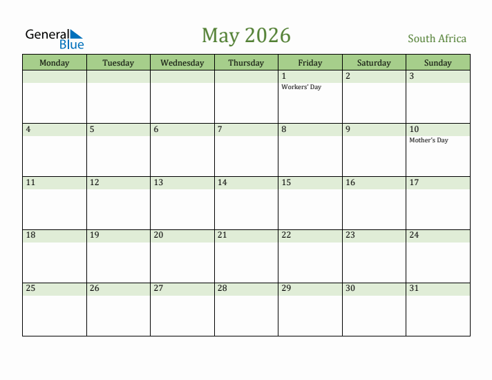 May 2026 Calendar with South Africa Holidays