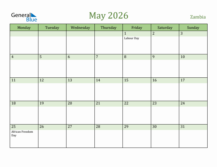 May 2026 Calendar with Zambia Holidays