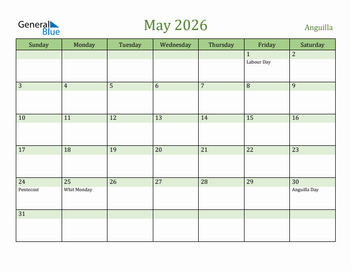 May 2026 Calendar with Anguilla Holidays