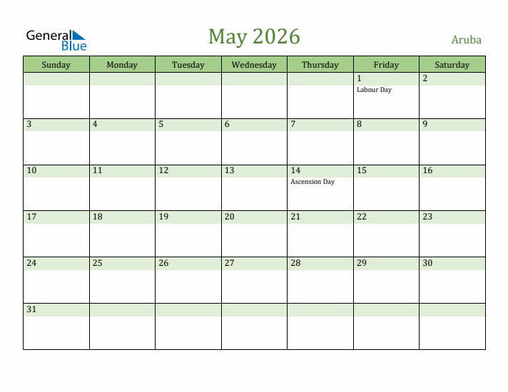 May 2026 Calendar with Aruba Holidays