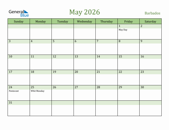 May 2026 Calendar with Barbados Holidays
