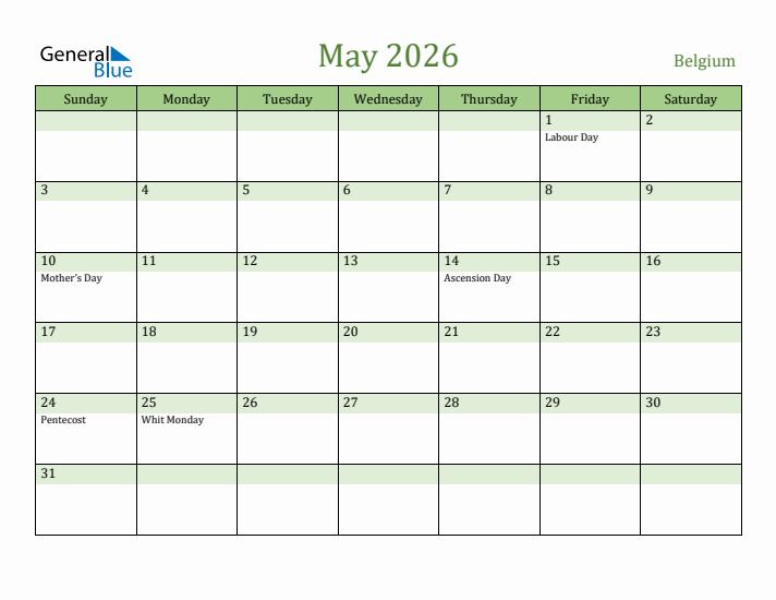 May 2026 Calendar with Belgium Holidays