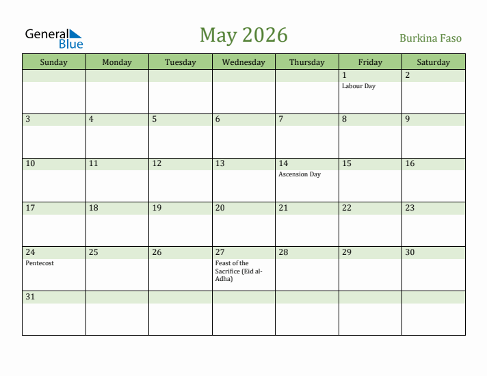 May 2026 Calendar with Burkina Faso Holidays