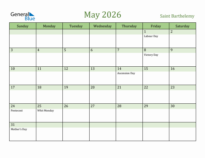May 2026 Calendar with Saint Barthelemy Holidays