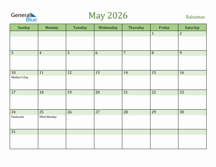 May 2026 Calendar with Bahamas Holidays