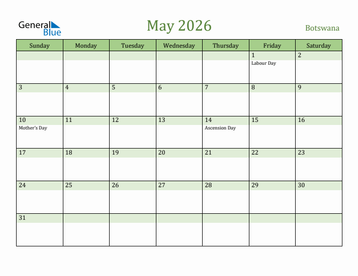 May 2026 Calendar with Botswana Holidays