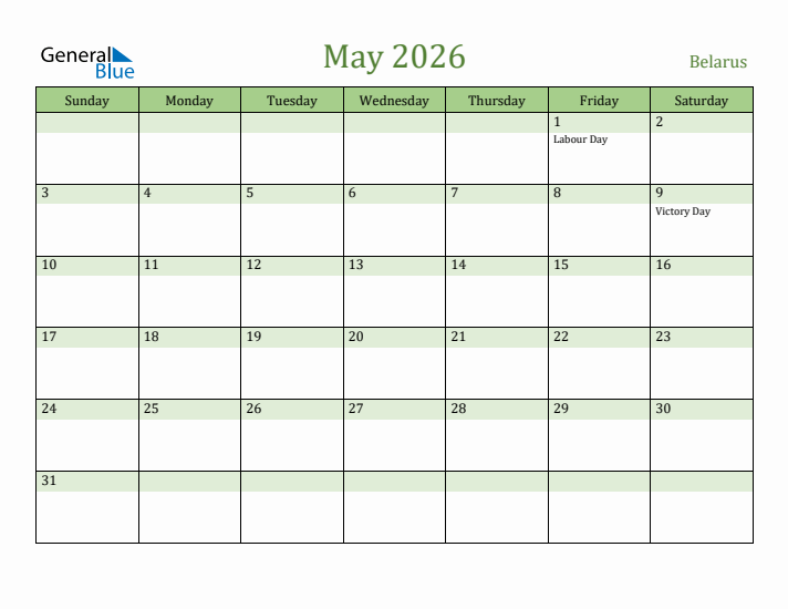 May 2026 Calendar with Belarus Holidays