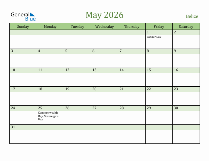 May 2026 Calendar with Belize Holidays