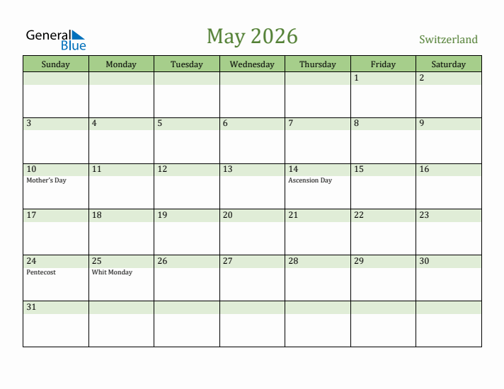 May 2026 Calendar with Switzerland Holidays