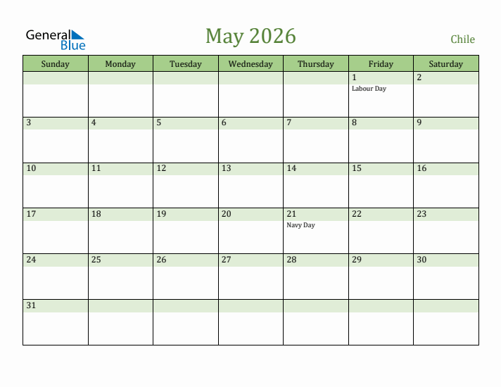 May 2026 Calendar with Chile Holidays