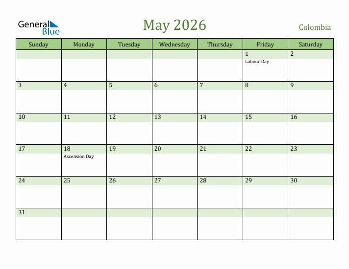 May 2026 Calendar with Colombia Holidays
