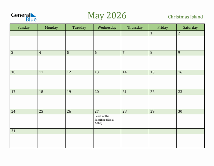 May 2026 Calendar with Christmas Island Holidays