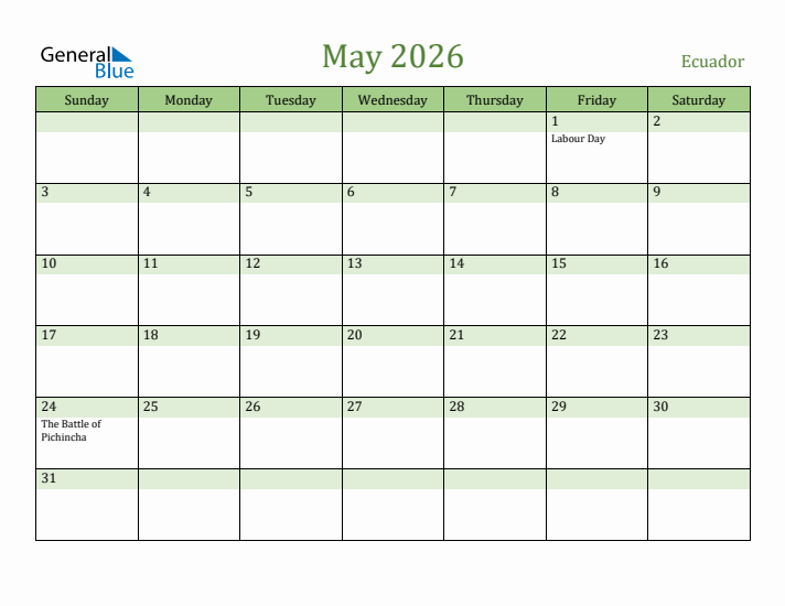May 2026 Calendar with Ecuador Holidays