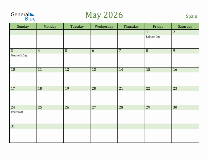 May 2026 Calendar with Spain Holidays