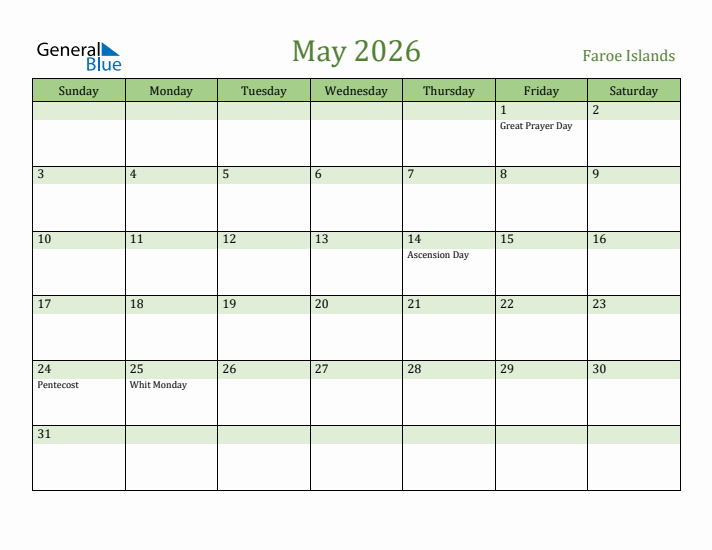 May 2026 Calendar with Faroe Islands Holidays
