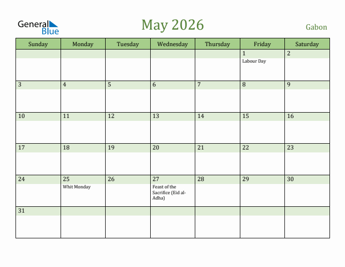 May 2026 Calendar with Gabon Holidays