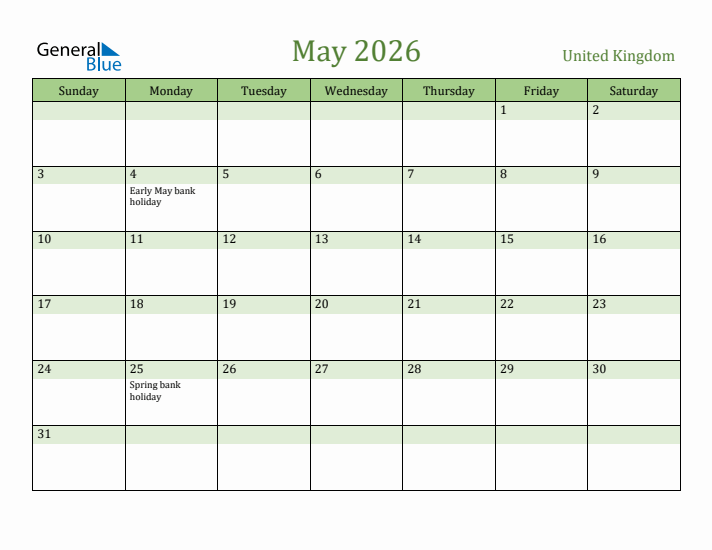 May 2026 Calendar with United Kingdom Holidays